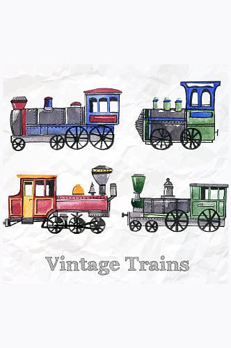 4款水彩绘褶皱纸张上的老式火车矢量图