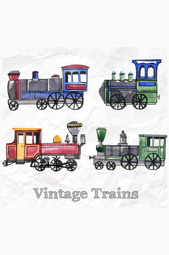 4款水彩绘褶皱纸张上的老式火车矢量图