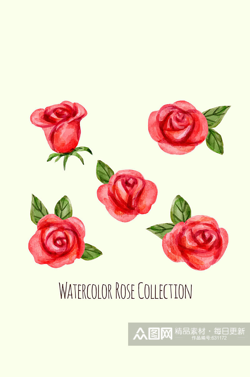 5款水彩绘红玫瑰矢量素材素材
