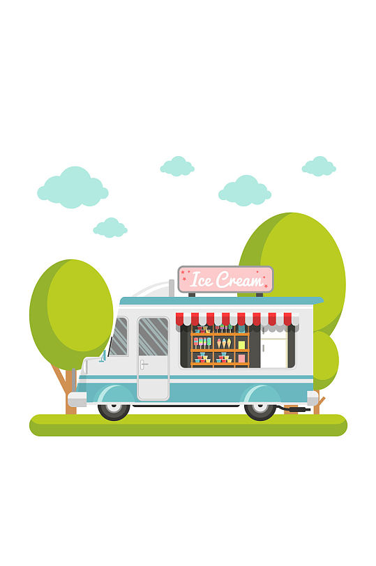 创意流动冰淇淋车和树木矢量素材