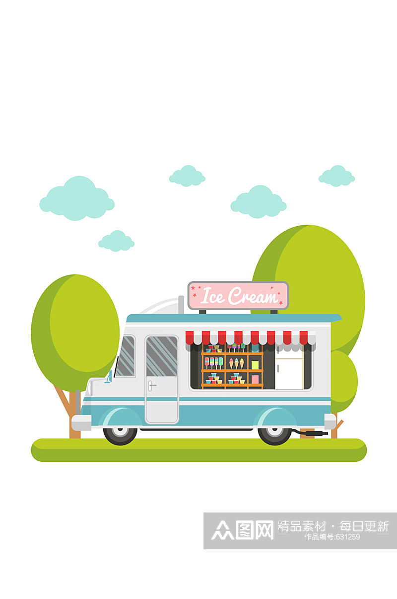 创意流动冰淇淋车和树木矢量素材素材