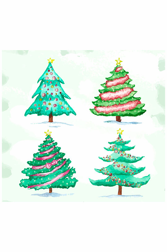4款水彩绘圣诞树设计矢量图