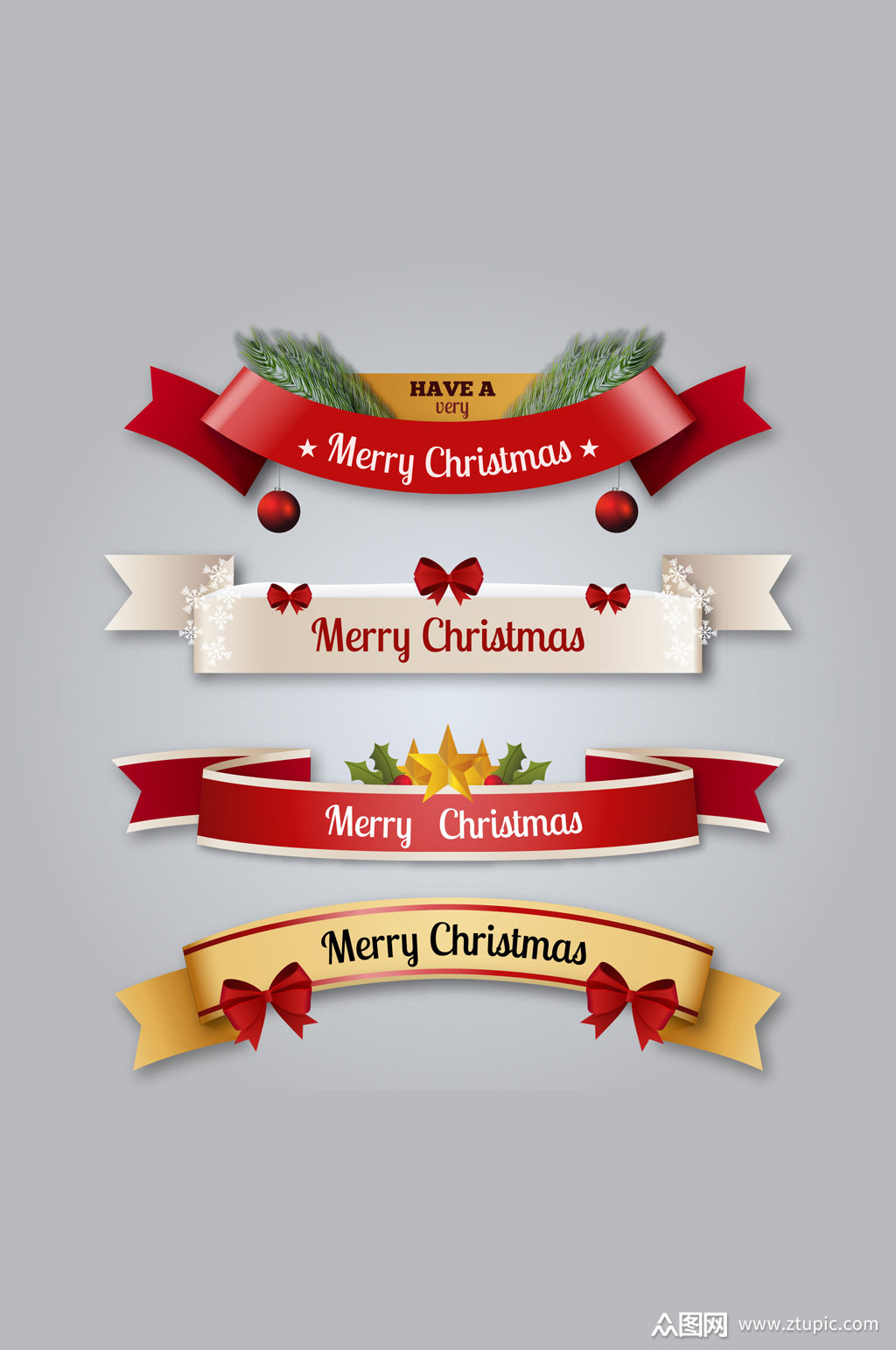 4款精美圣诞节丝带条幅矢量图模板下载-编号630819-众图网