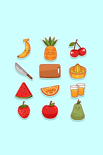 12款创意表情水果和榨汁工具贴纸矢量图