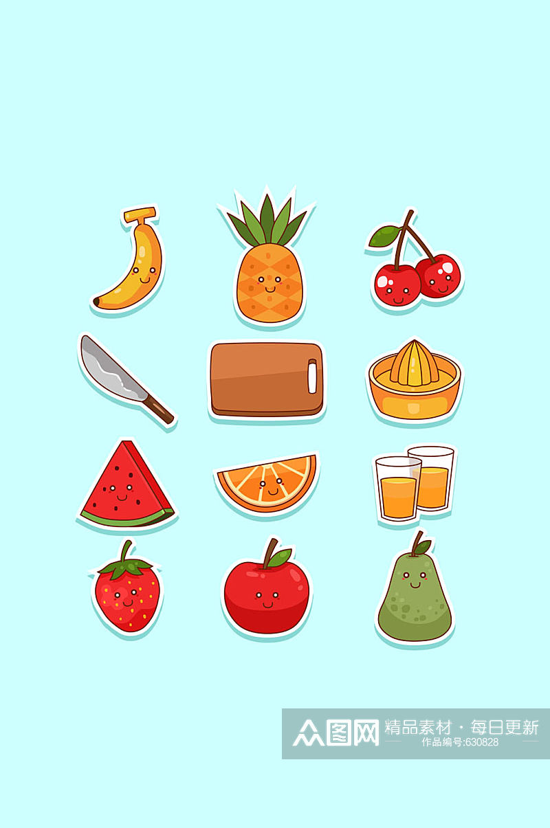 12款创意表情水果和榨汁工具贴纸矢量图素材