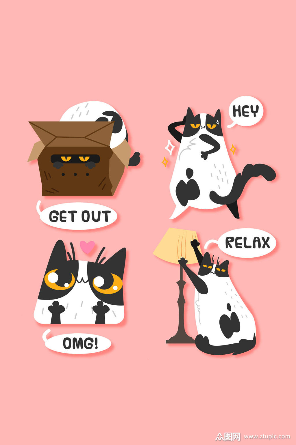4款搞怪猫咪贴纸矢量素材