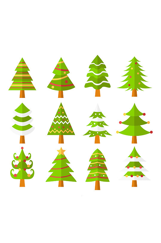 12款扁平化绿色圣诞树矢量图