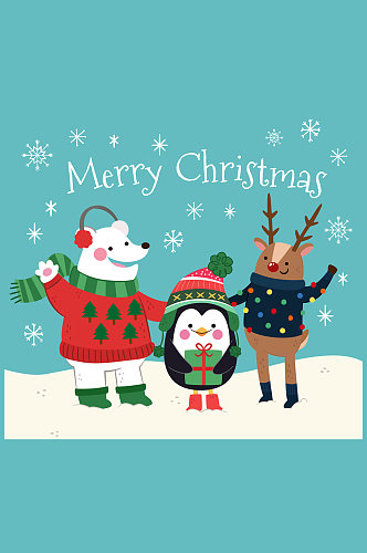 彩绘圣诞节雪地熊鹿和企鹅矢量图