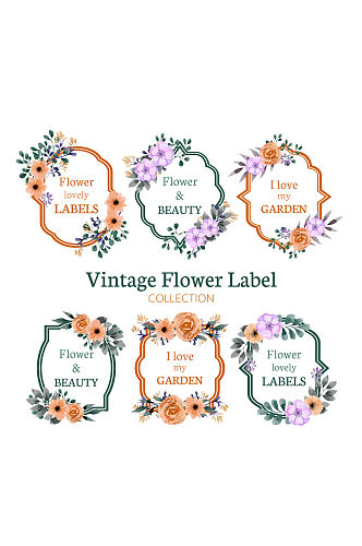 6款复古花卉装饰标签矢量素材