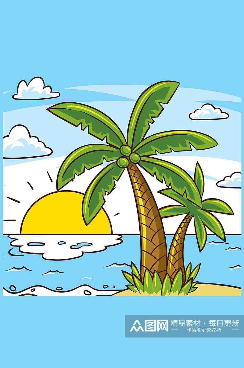 彩绘棕榈树大海风景矢量素材素材