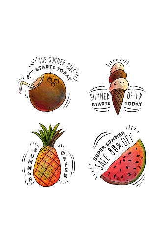 4款彩绘夏季食物促销标签矢量图