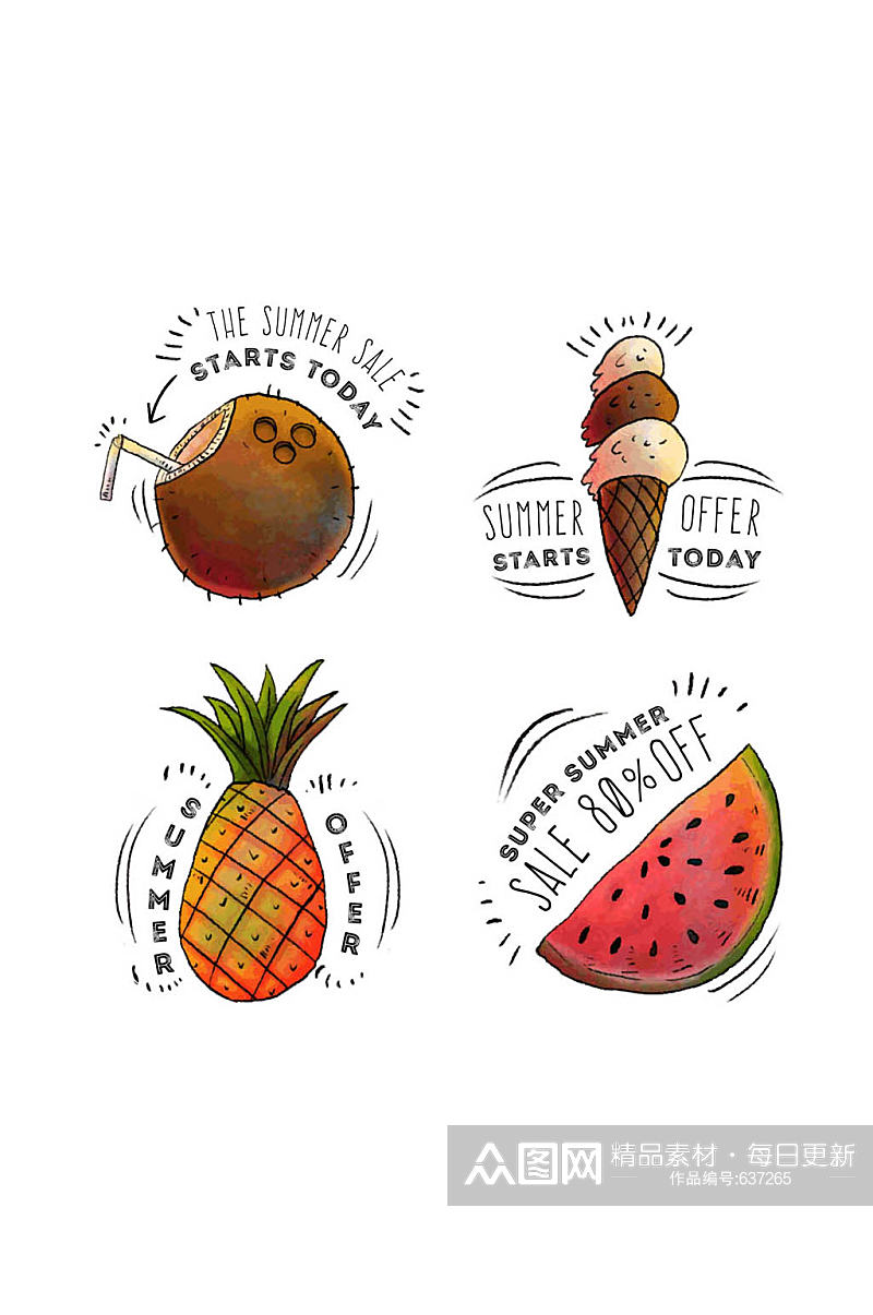 4款彩绘夏季食物促销标签矢量图素材