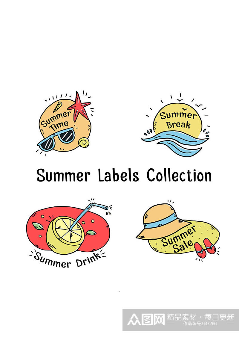 4款彩绘夏季标签设计矢量图素材