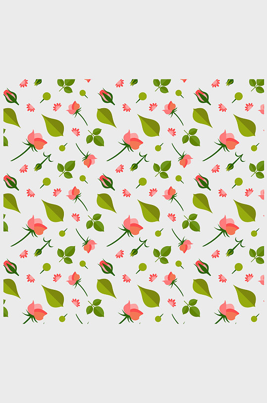 扁平化玫瑰花和叶子无缝背景矢量图
