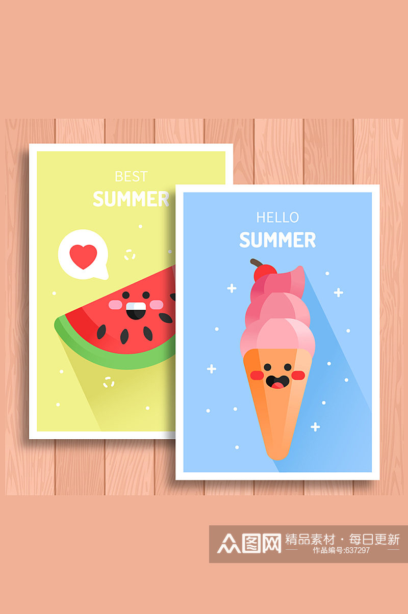 2款可爱夏季西瓜和冰淇淋卡片矢量图素材
