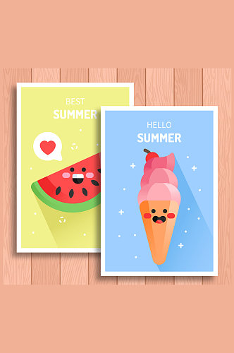 2款可爱夏季西瓜和冰淇淋卡片矢量图