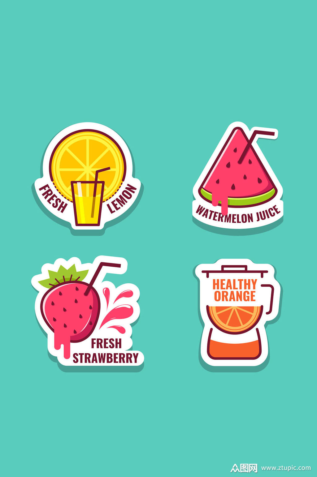 4款彩色新鲜水果汁贴纸矢量图