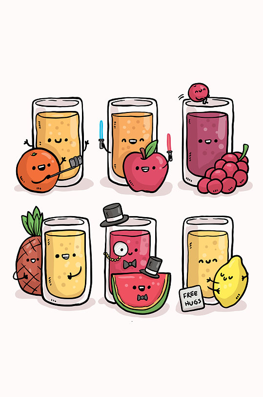 6款手绘表情杯装果汁和水果矢量素材