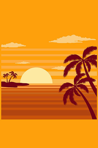 夕阳下的大海和棕榈树矢量图
