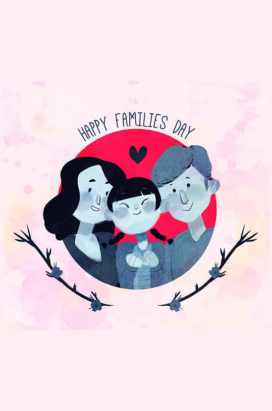 彩绘假期三口之家矢量图