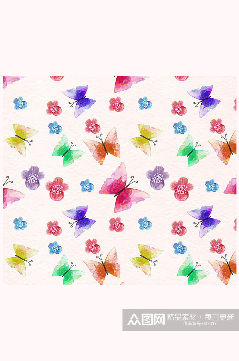 水彩绘花卉和蝴蝶无缝背景矢量图素材