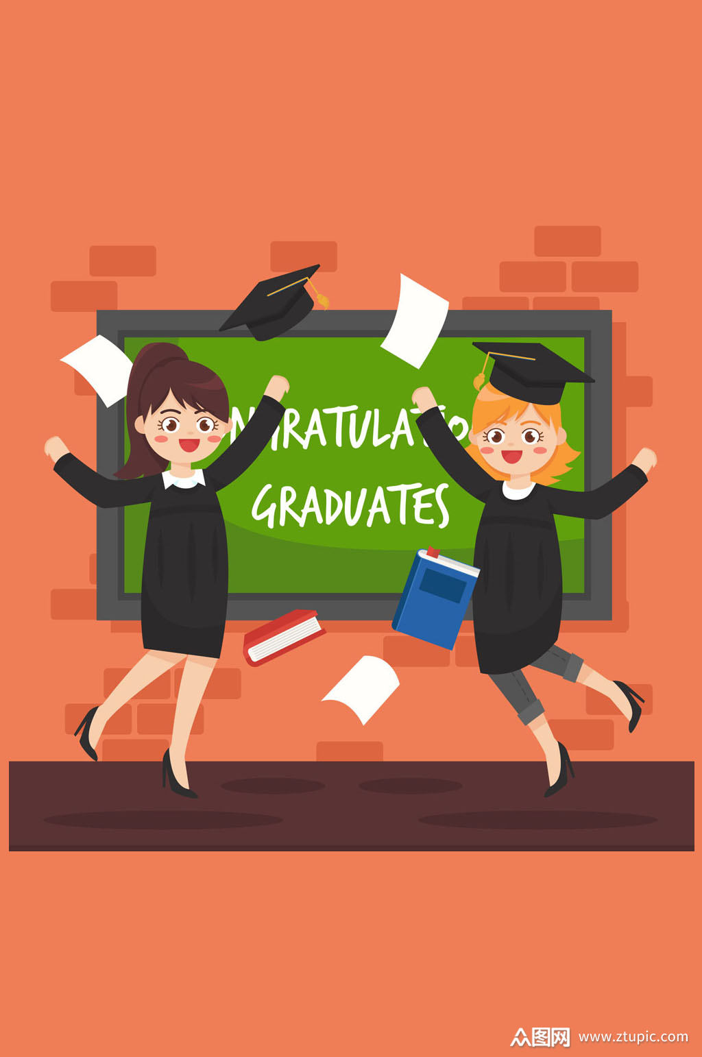 2个创意毕业生女孩和黑板矢量素材
