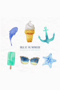 6款水彩绘蓝色夏季元素矢量素材
