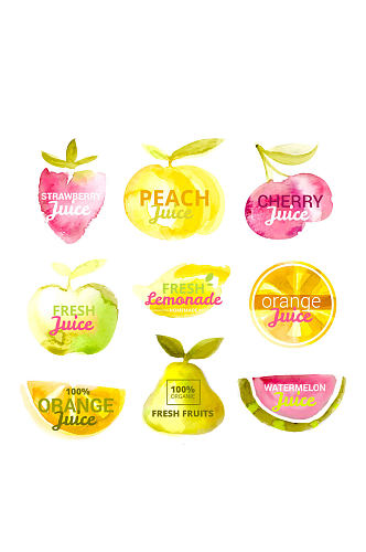9款水彩绘水果汁标签矢量图
