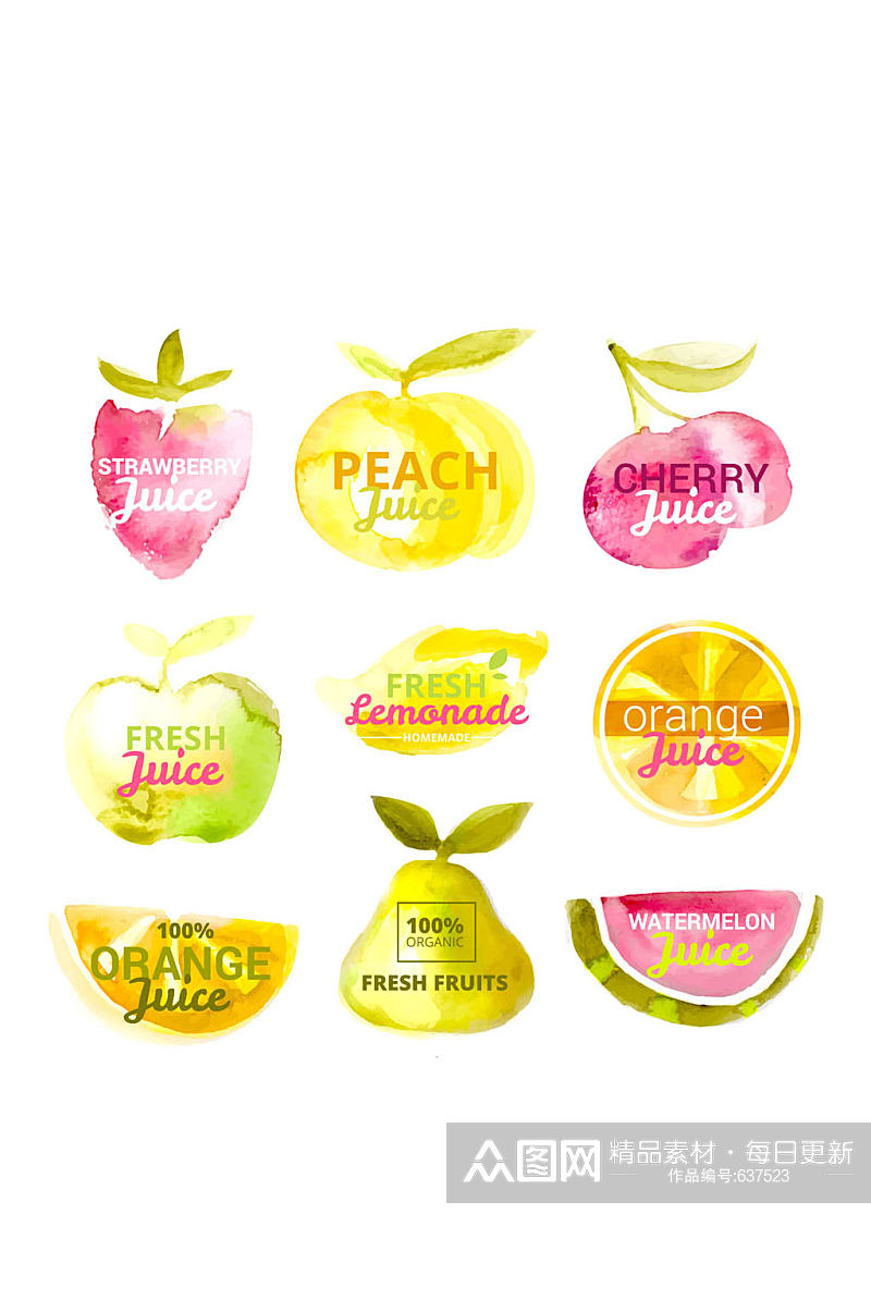 9款水彩绘水果汁标签矢量图素材