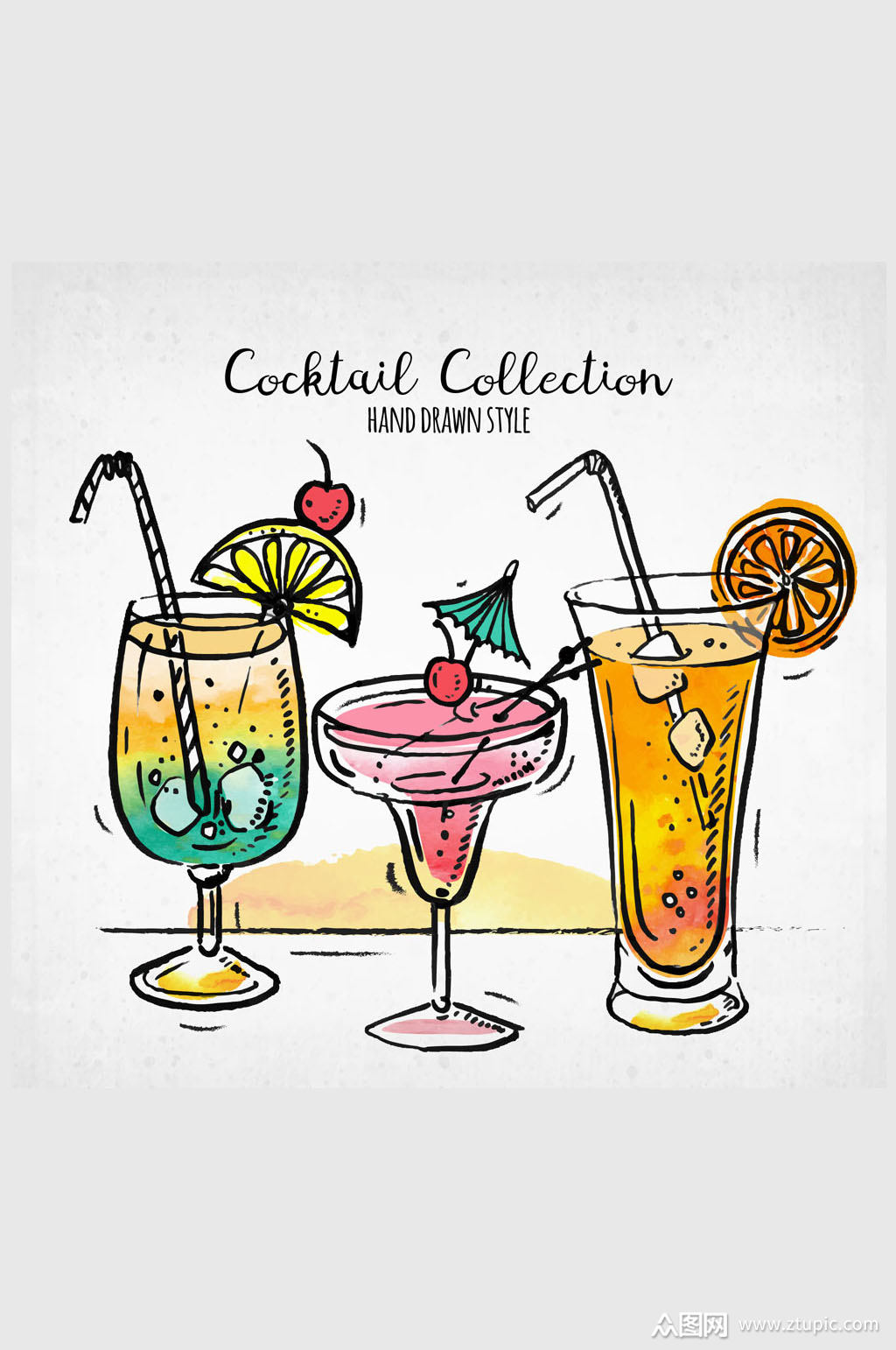 3款彩绘夏季鸡尾酒矢量素材