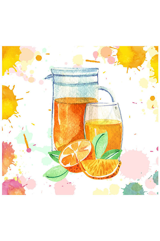 水彩绘橙子橙汁和杯具矢量素材