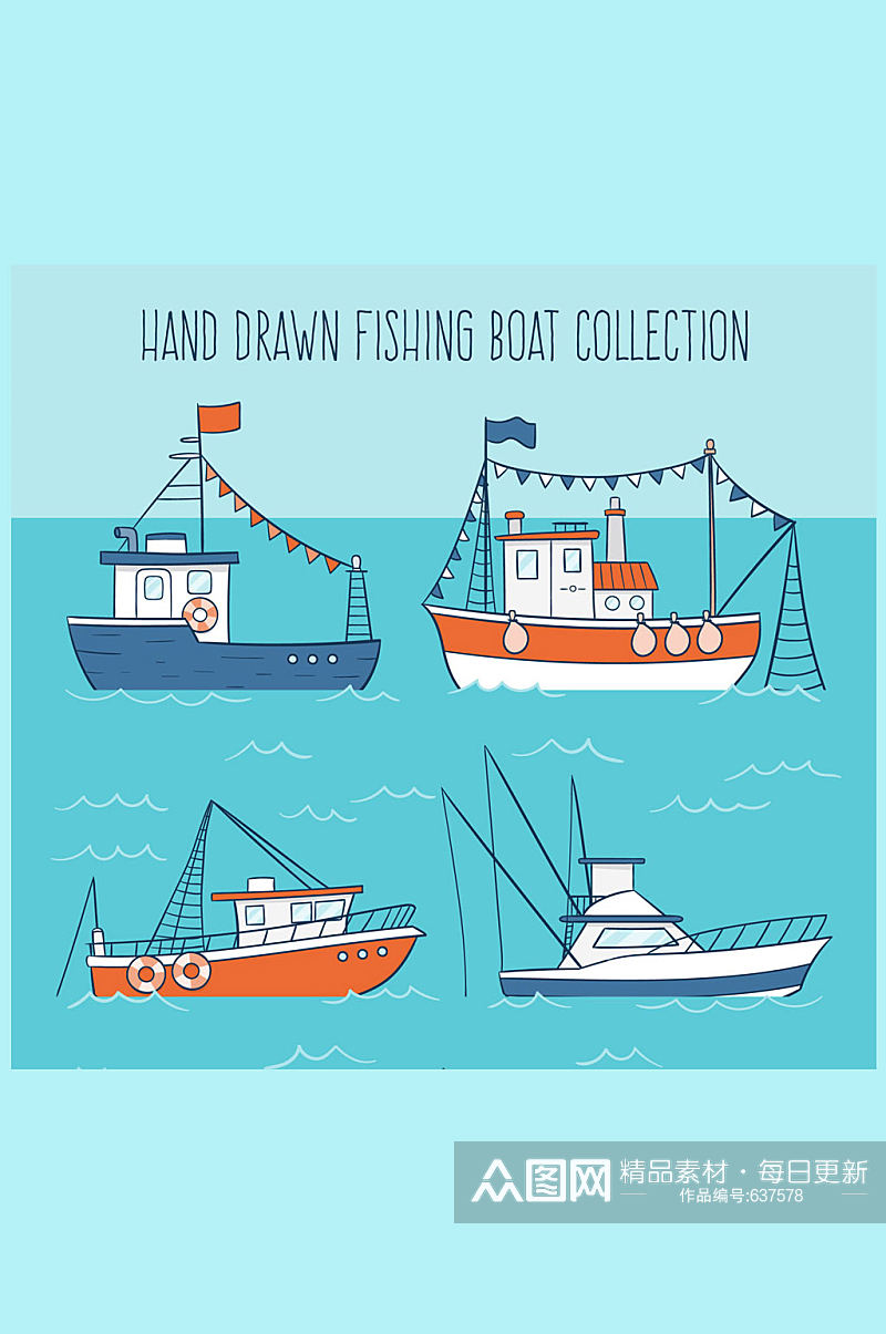 4款彩绘渔船设计矢量素材素材