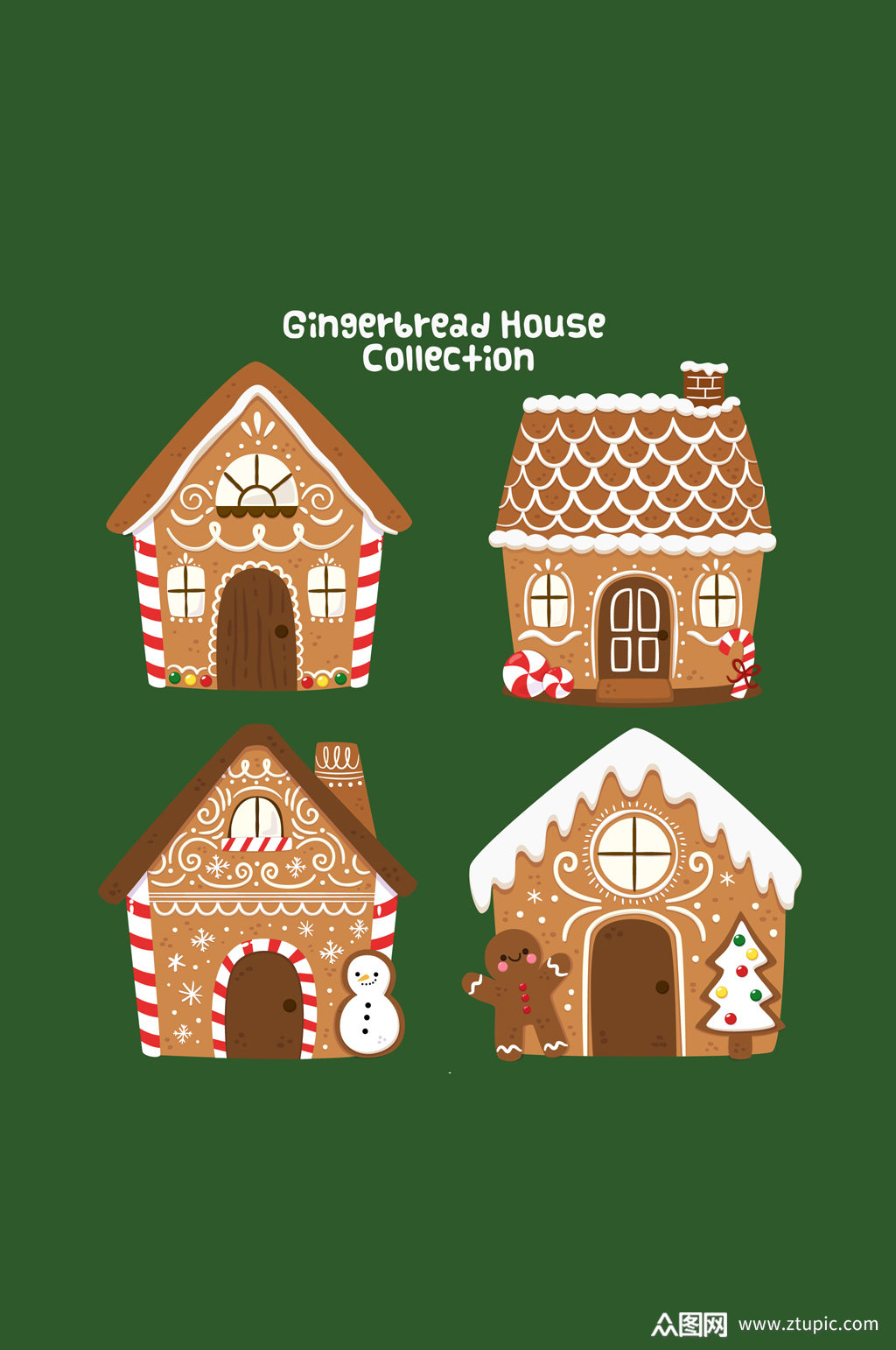 4款彩绘可爱圣诞姜饼屋矢量图