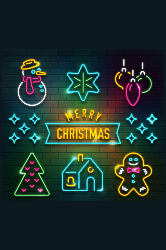 6款彩色圣诞元素霓虹灯矢量素材