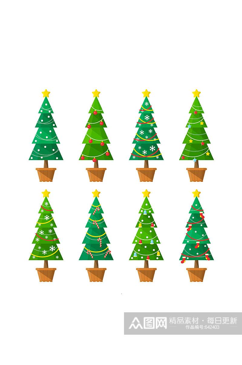8款绿色圣诞树盆栽矢量素材素材