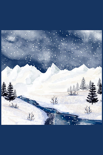 水彩绘冬季河流风景矢量素材