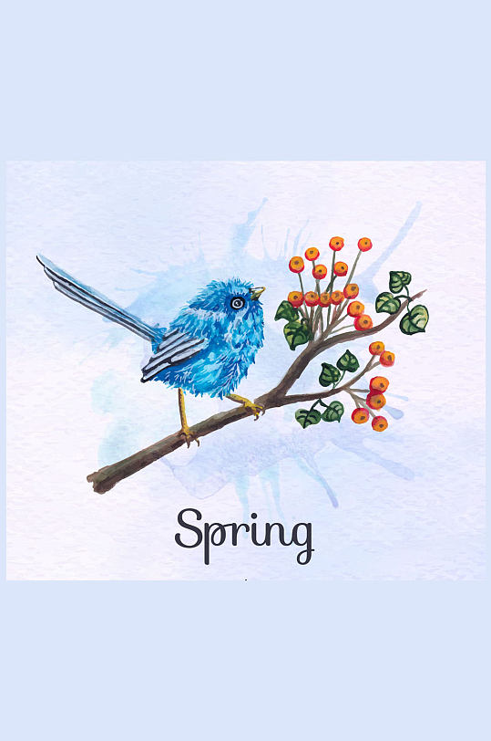 彩绘春季花枝上的蓝色鸟矢量素材