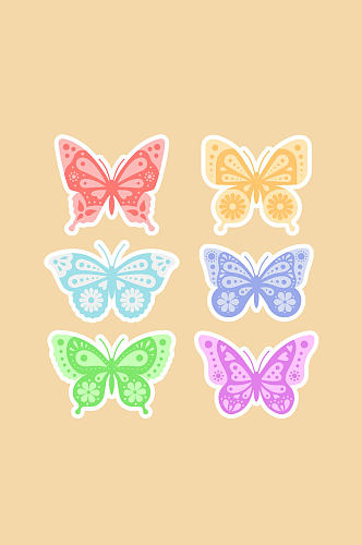 6款彩色花纹蝴蝶贴纸矢量图