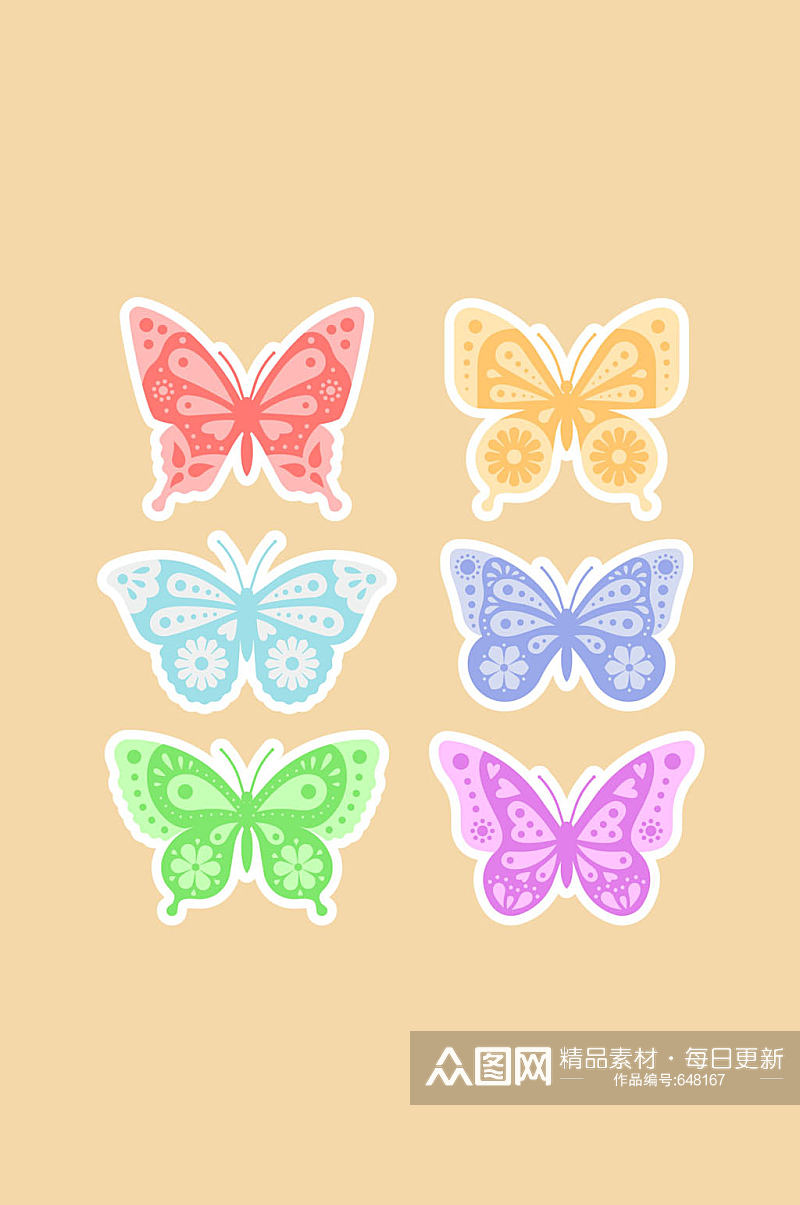 6款彩色花纹蝴蝶贴纸矢量图素材