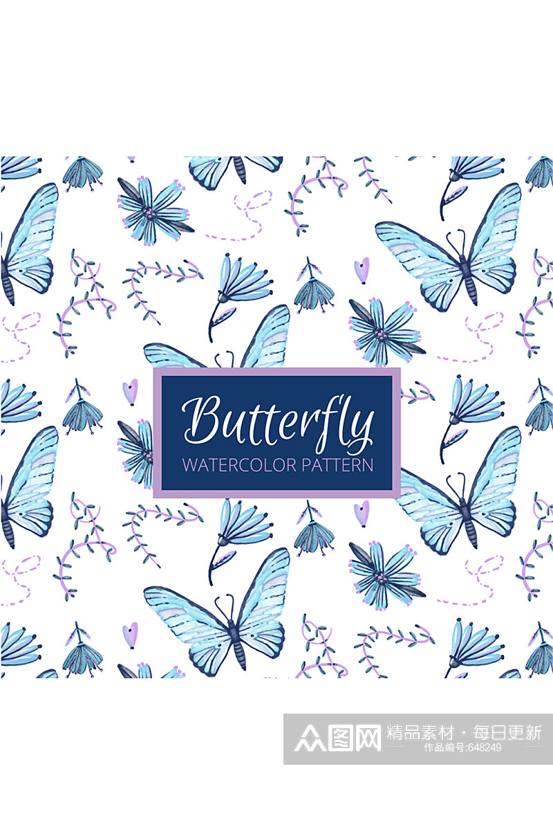 蓝色蝴蝶和花卉无缝背景矢量图素材