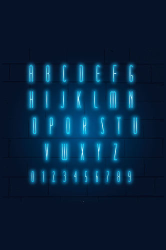 26个蓝色霓虹灯字母和10个数字矢量图
