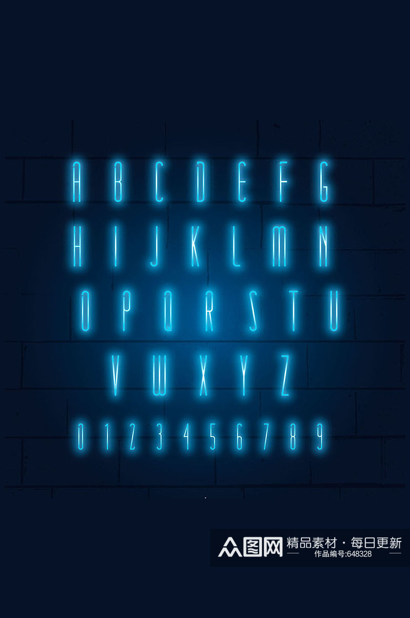 26个蓝色霓虹灯字母和10个数字矢量图素材