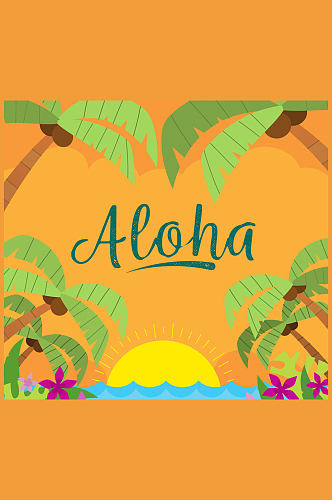 彩色夏威夷岛屿日落风景矢量素材