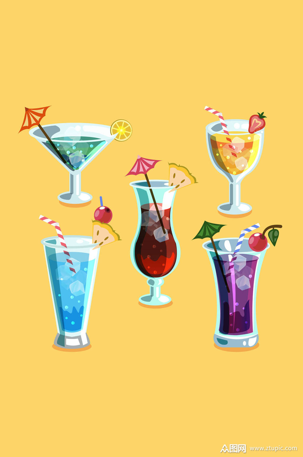 5款彩绘鸡尾酒设计矢量素材