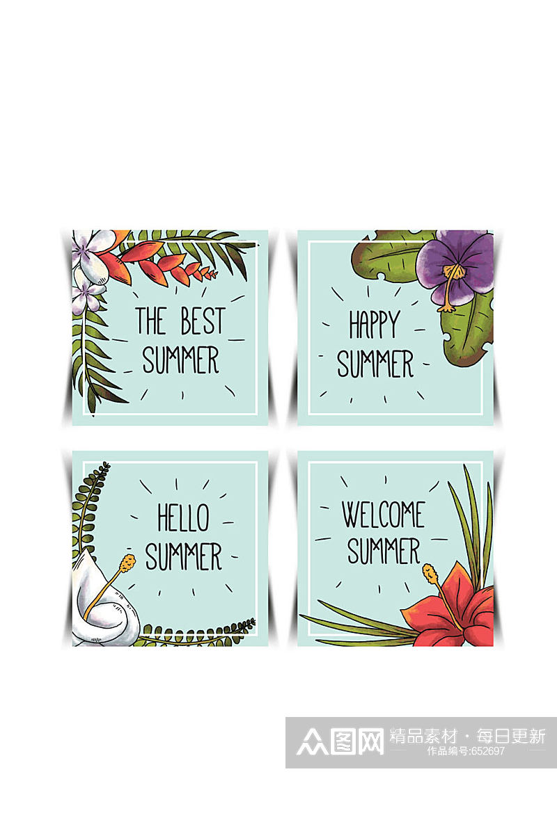 4款手绘夏季花卉卡片矢量素材素材