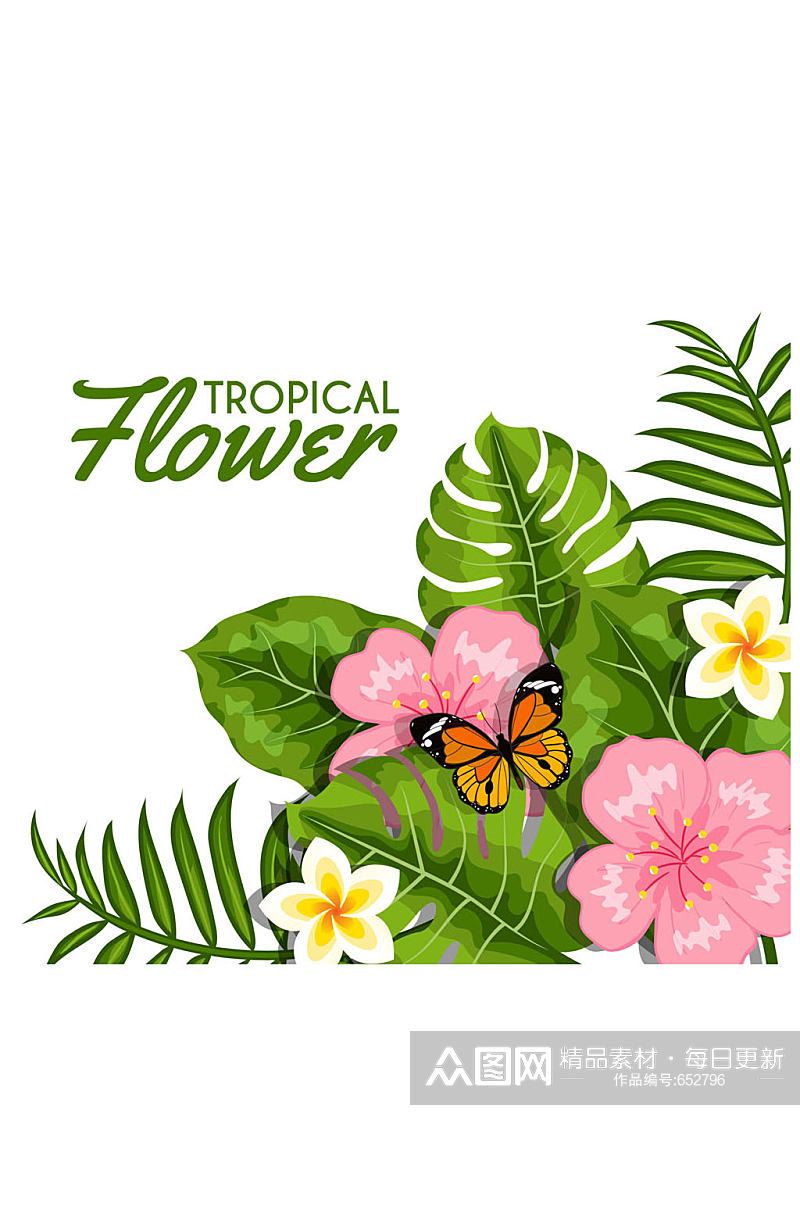 精美热带花卉和蝴蝶矢量素材素材