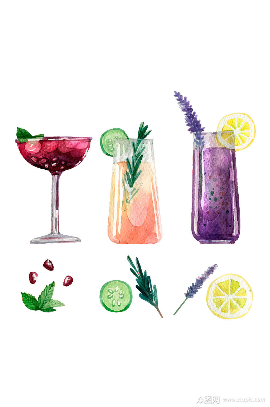 3款水彩绘鸡尾酒矢量素材