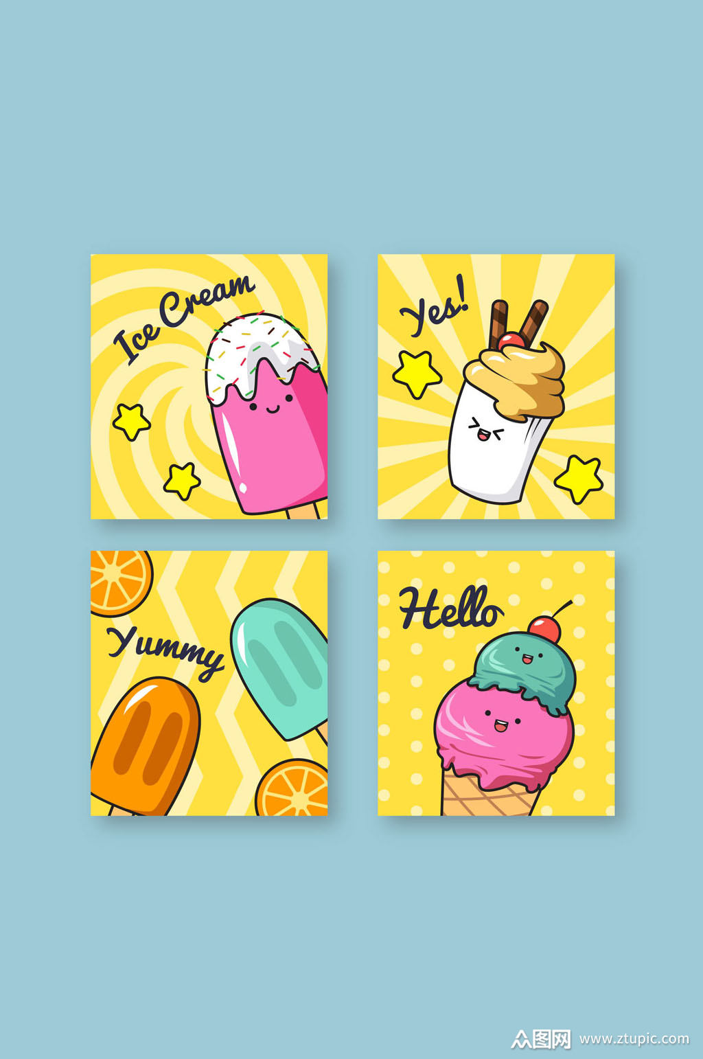 4款卡通雪糕卡片设计矢量素材