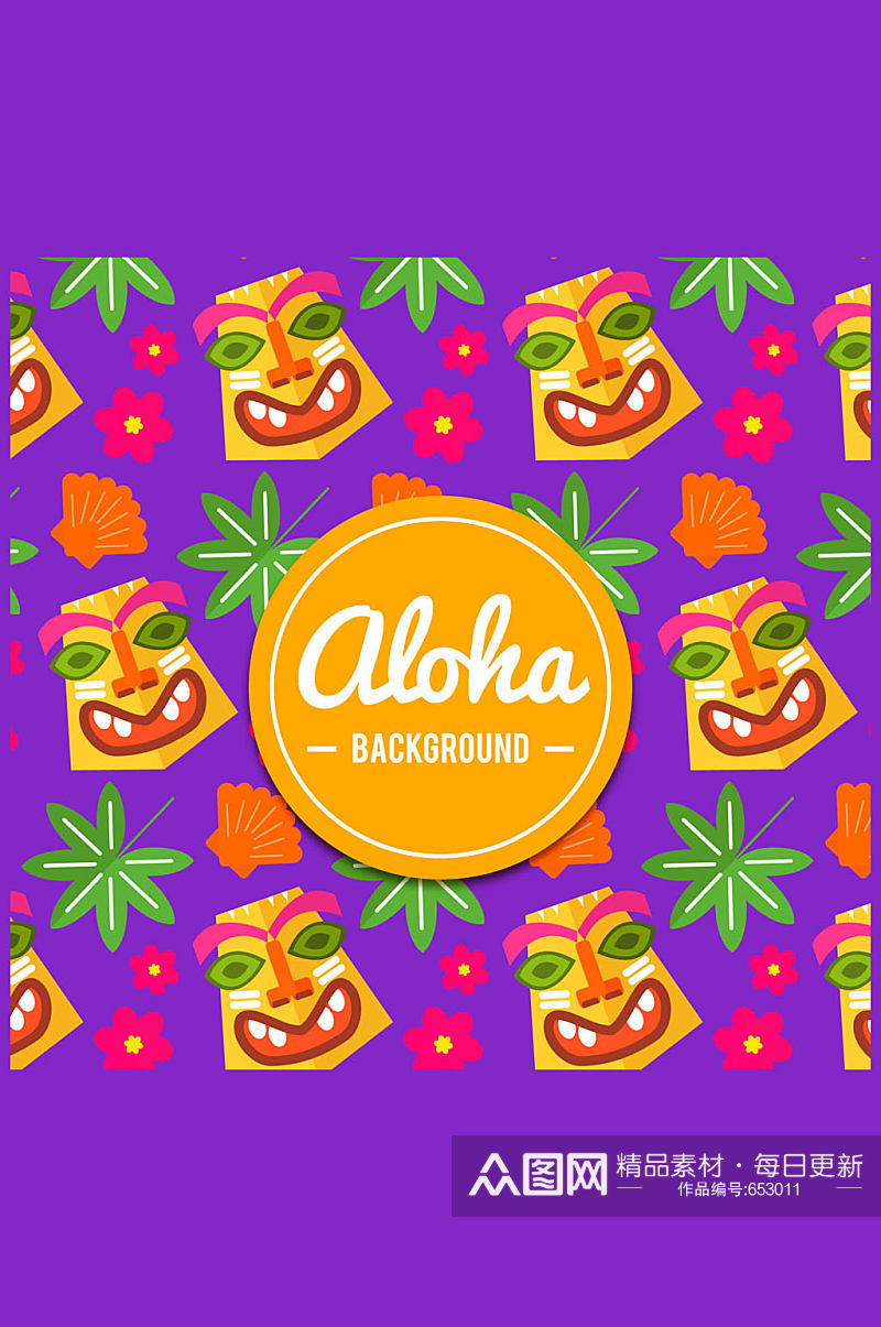 彩色夏威夷面具和树叶无缝背景矢量图素材