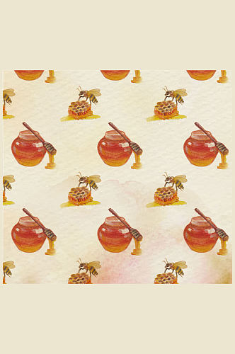 彩绘蜂蜜罐和蜜蜂无缝背景矢量素材